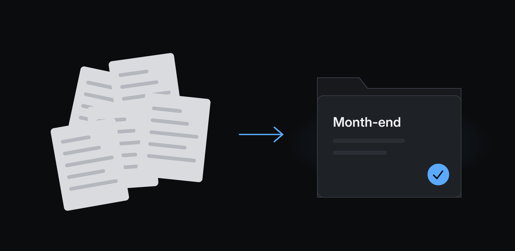Loose documents flowing into a folder labeled month-end